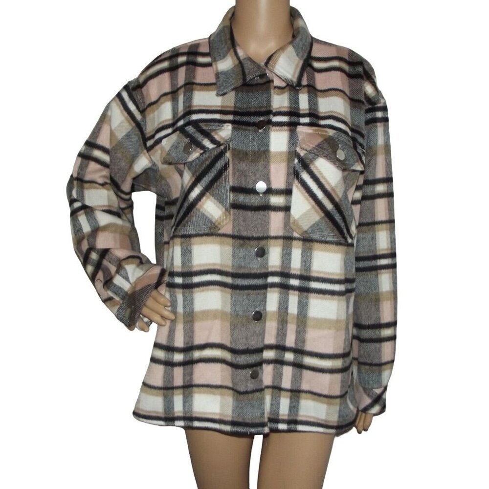 Nine.Eight Shacket Shirt Women Large Butter Plaid Flannel pink brown black Heavy